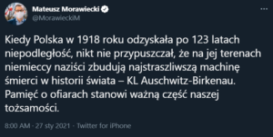 Wpis na Twitterze Mateusza Morawieckiego bez słów "Holokaust" czy "Żydzi"