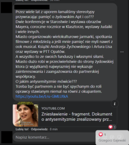 Grzegorz Gajewski burmistrz Opatowa, komentarz na Facebooku